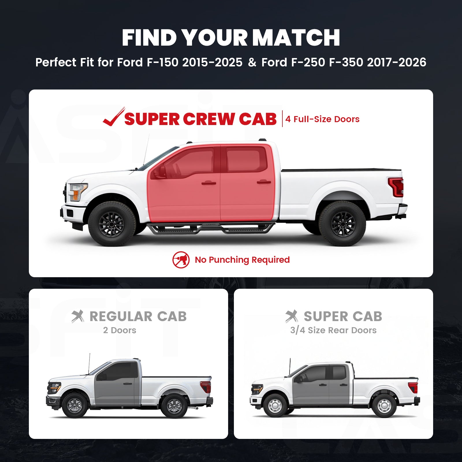 Fit for 2017-2026 Ford F-250 F-350 Running Boards Side Steps, Fit Crew Cab ONLY - Image 2